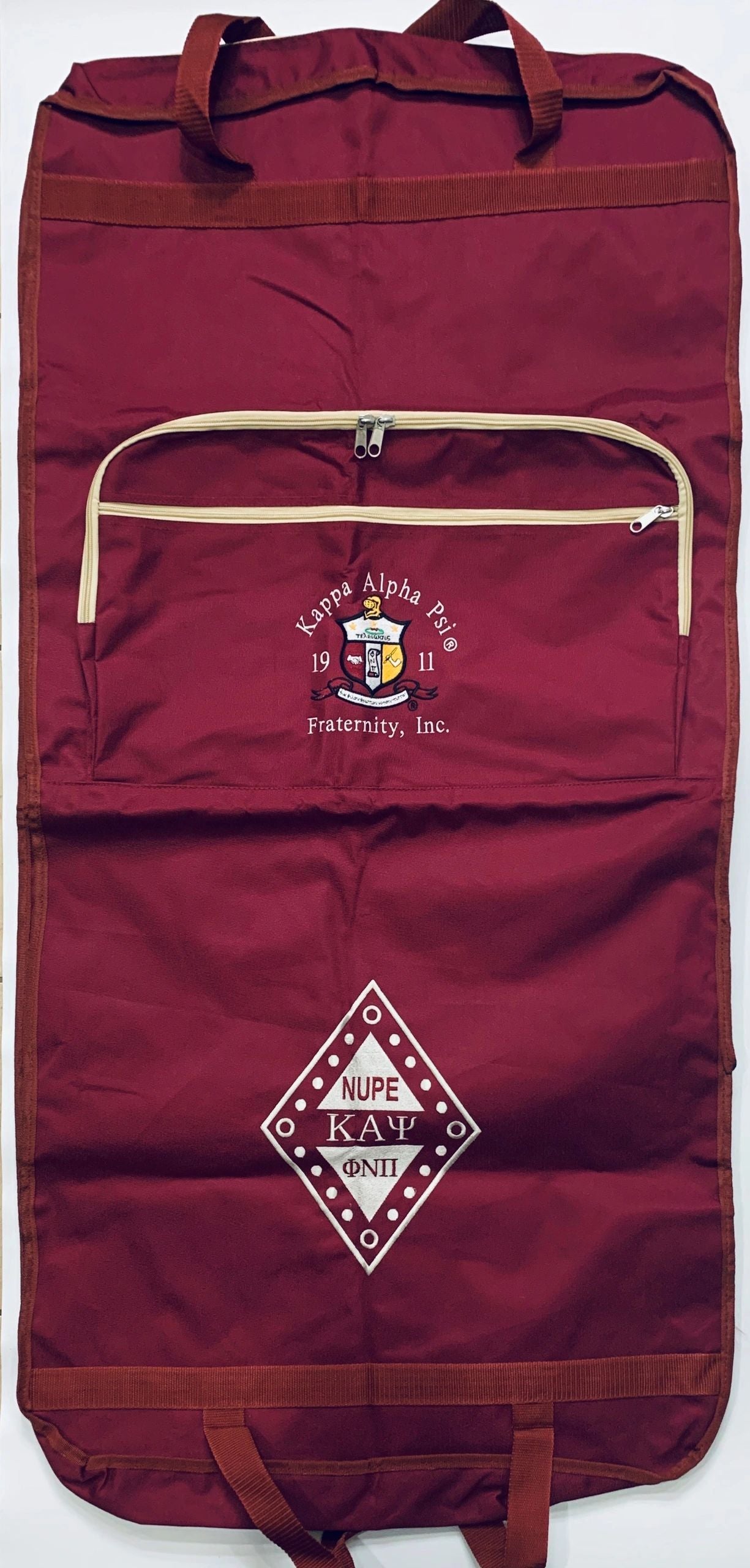 Crimson garment bag with cream trim
